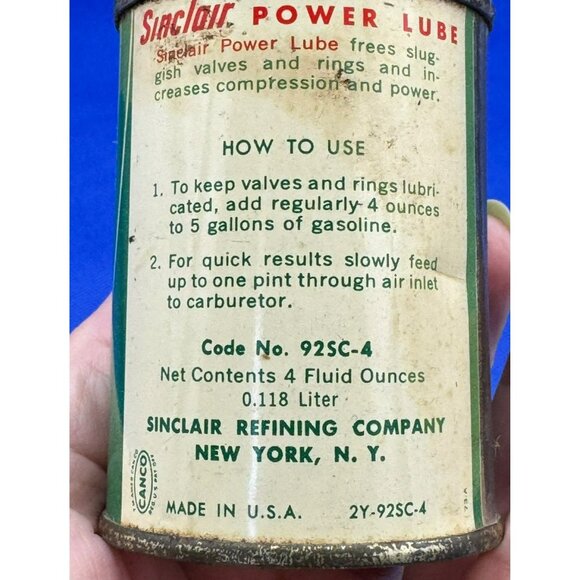 Vintage Sinclair Power Lube Oil Can 4 Oz Green & White Tin - Picture 5 of 5